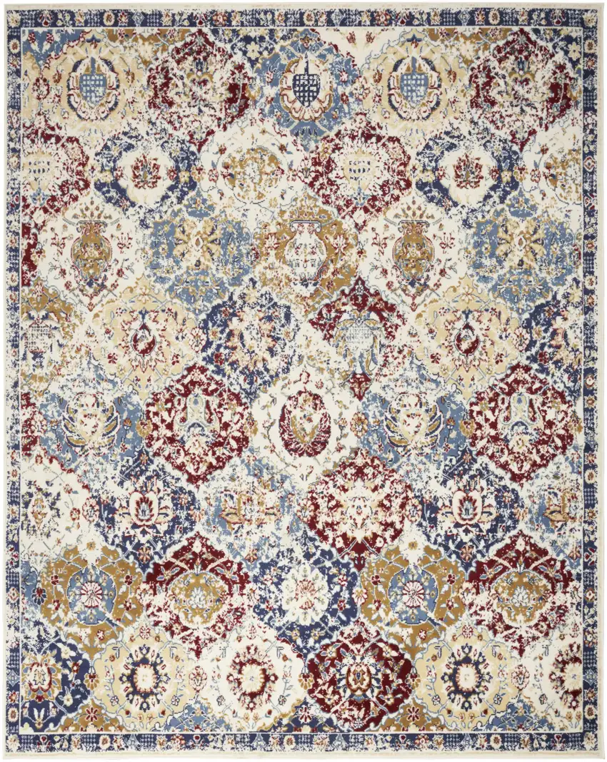 Blue Red and Orange Floral Distressed Non Skid Area Rug Photo 2