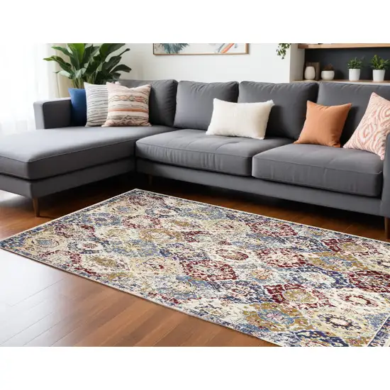Blue Red and Orange Floral Distressed Non Skid Area Rug Photo 1