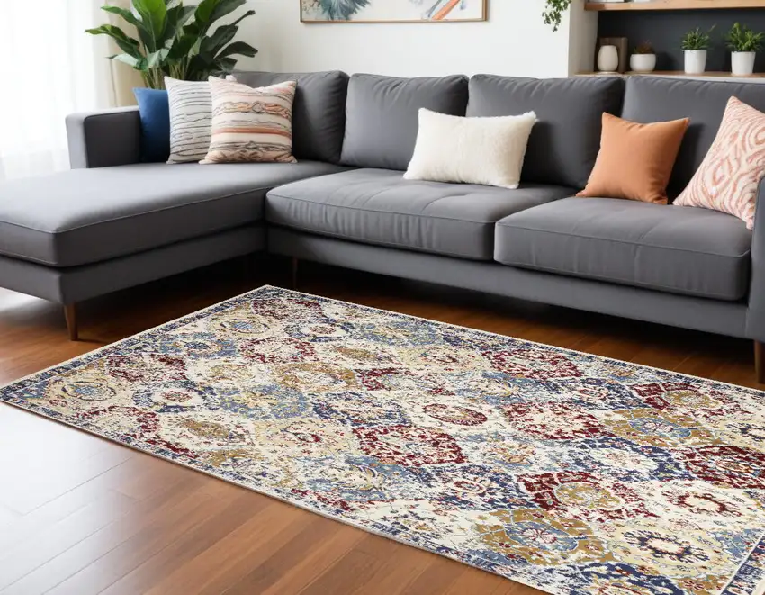 Blue Red and Orange Floral Distressed Non Skid Area Rug Photo 1