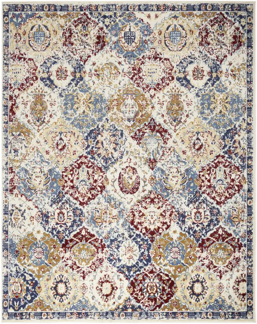 Blue Red and Orange Floral Distressed Non Skid Area Rug Photo 2