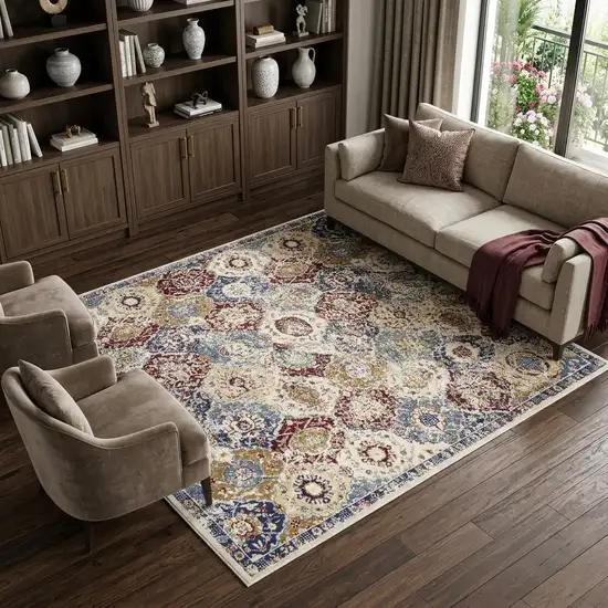 Blue Red and Orange Floral Distressed Non Skid Area Rug Photo 1