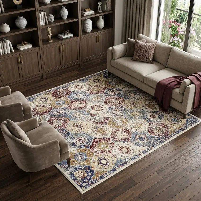 Blue Red and Orange Floral Distressed Non Skid Area Rug Photo 1