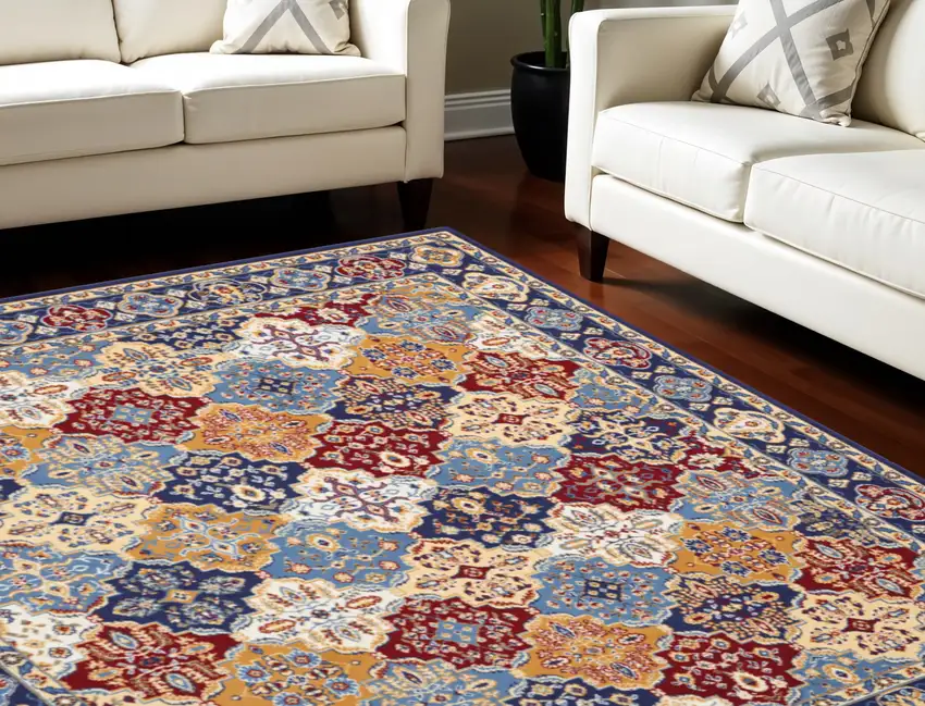 Blue Red and Orange Floral Distressed Non Skid Area Rug Photo 1