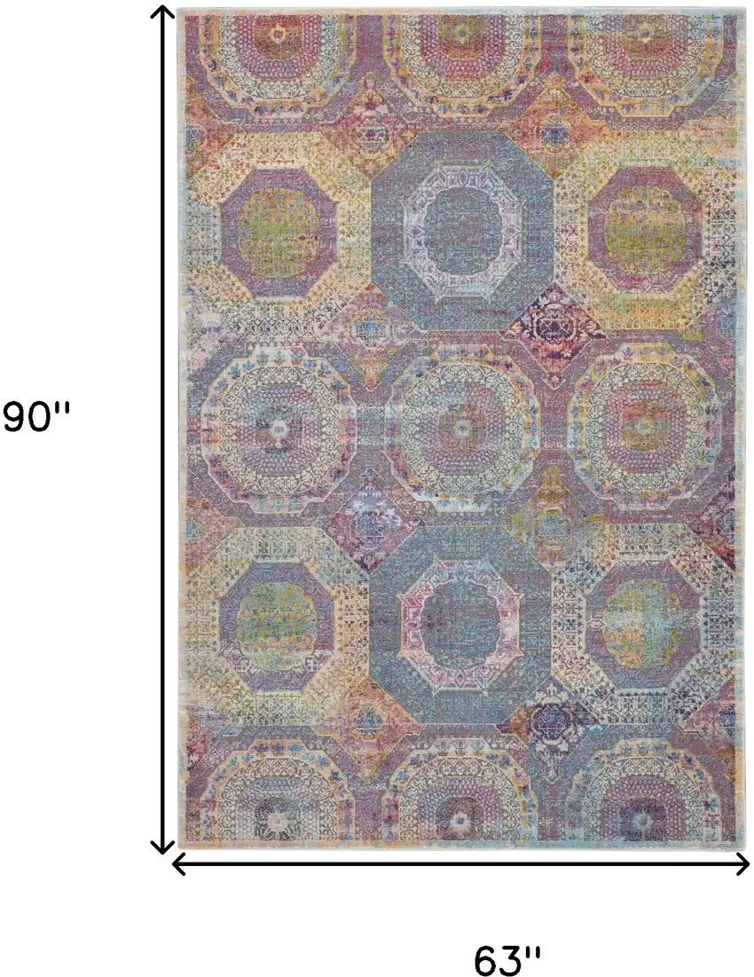 Blue Red and Orange Geometric Distressed Non Skid Area Rug Photo 3