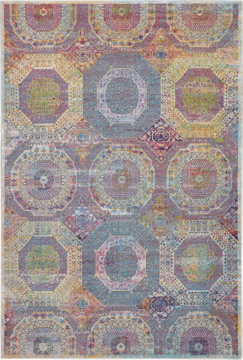 Blue Red and Orange Geometric Distressed Non Skid Area Rug Photo 1