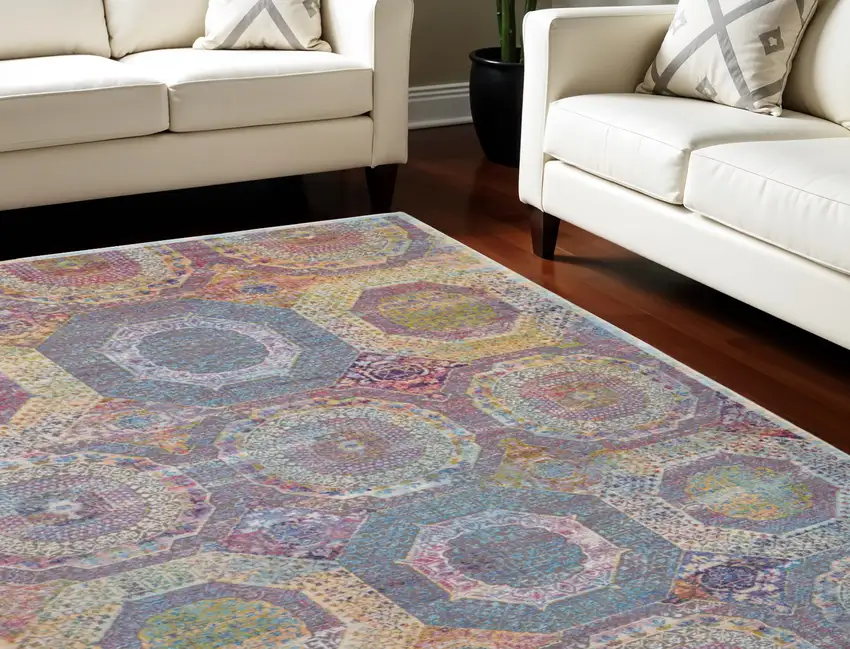 Blue Red and Orange Geometric Distressed Non Skid Area Rug Photo 1