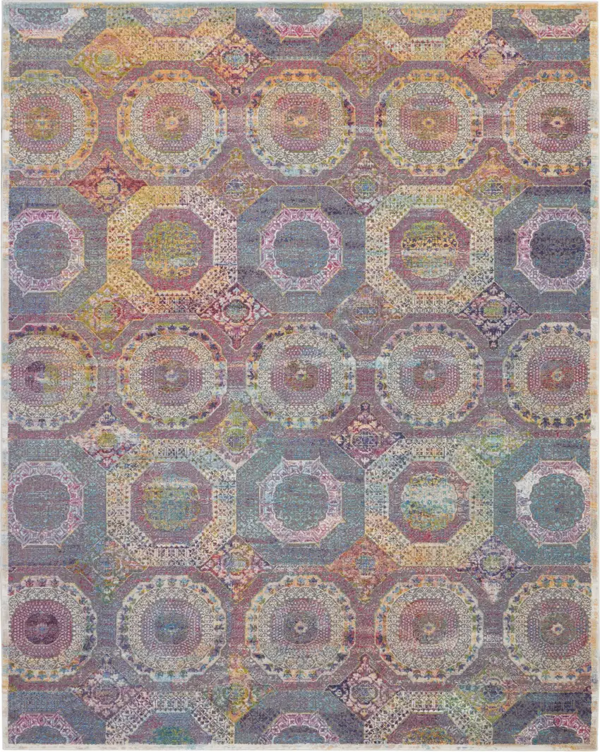 Blue Red and Orange Geometric Distressed Non Skid Area Rug Photo 1