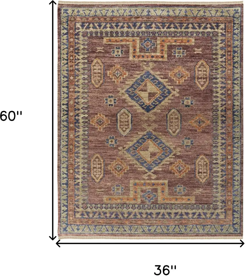 Blue Red and Tan Wool Geometric Hand Knotted Area Rug With Fringe Photo 3