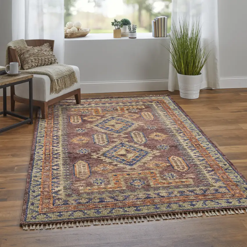 Blue Red and Tan Wool Geometric Hand Knotted Area Rug With Fringe Photo 8