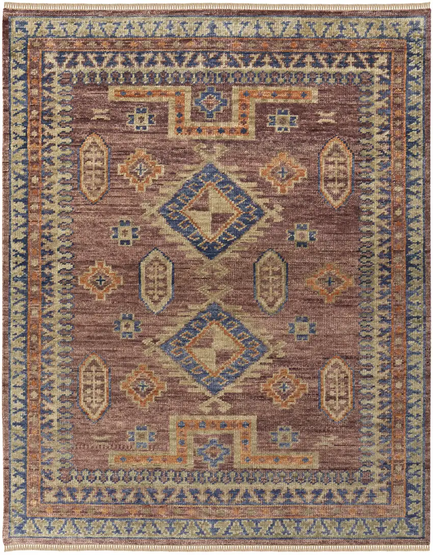 Blue Red and Tan Wool Geometric Hand Knotted Area Rug With Fringe Photo 2