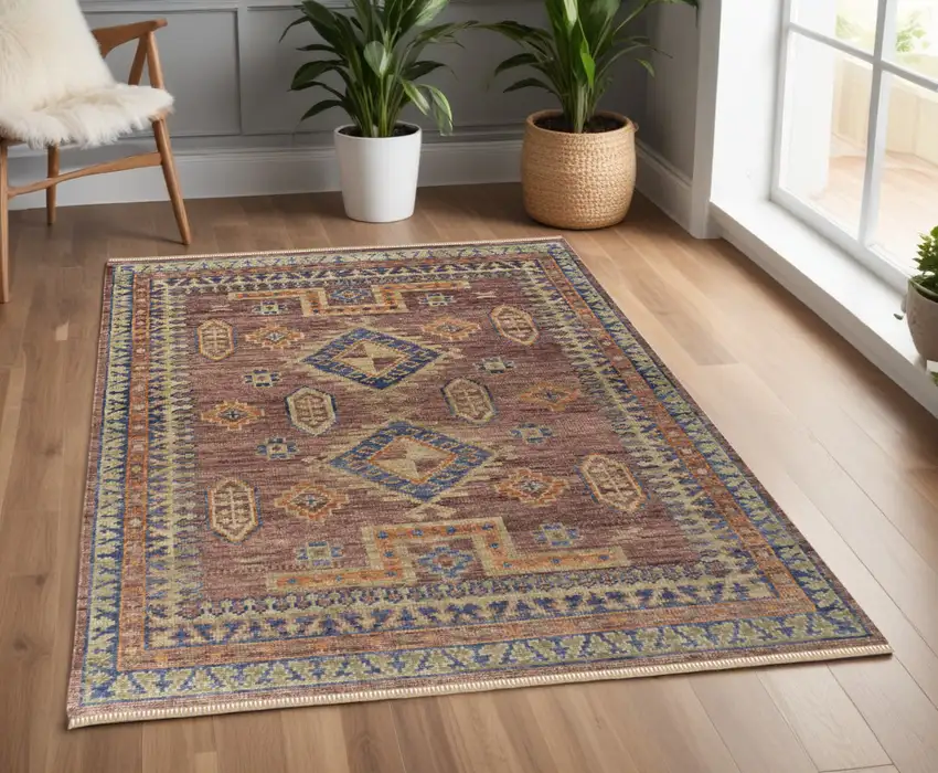 Blue Red and Tan Wool Geometric Hand Knotted Area Rug With Fringe Photo 1
