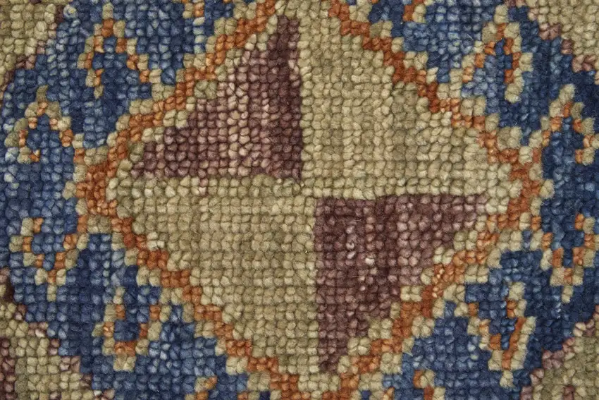 Blue Red and Tan Wool Geometric Hand Knotted Area Rug With Fringe Photo 8