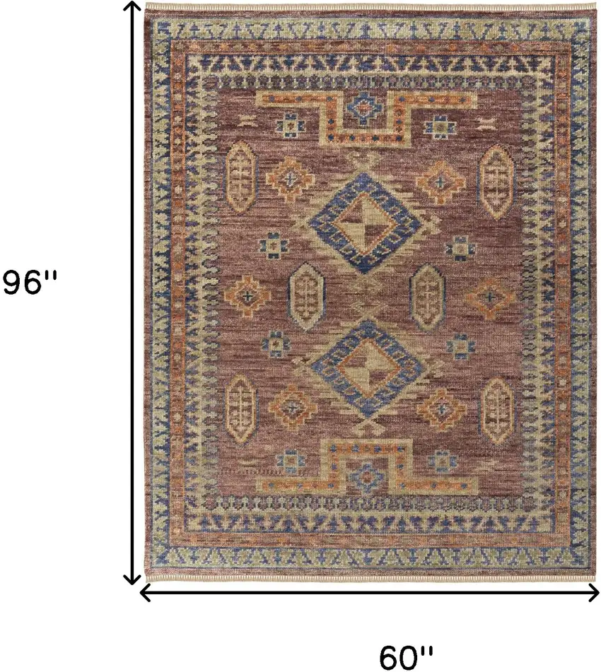 Blue Red and Tan Wool Geometric Hand Knotted Area Rug With Fringe Photo 3