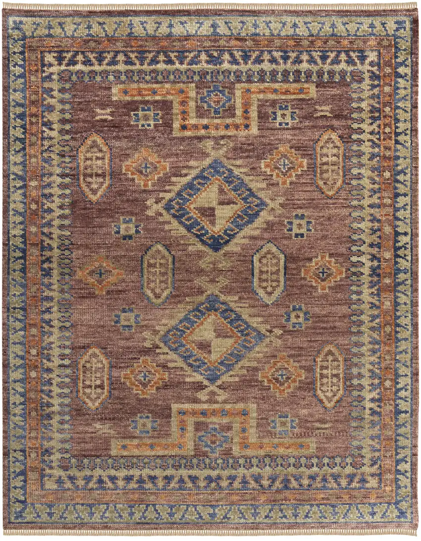Blue Red and Tan Wool Geometric Hand Knotted Area Rug With Fringe Photo 5