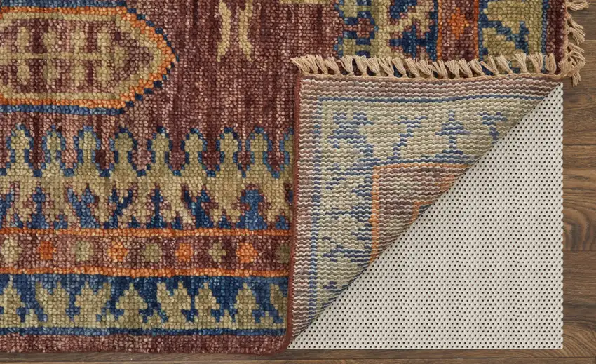 Blue Red and Tan Wool Geometric Hand Knotted Area Rug With Fringe Photo 9