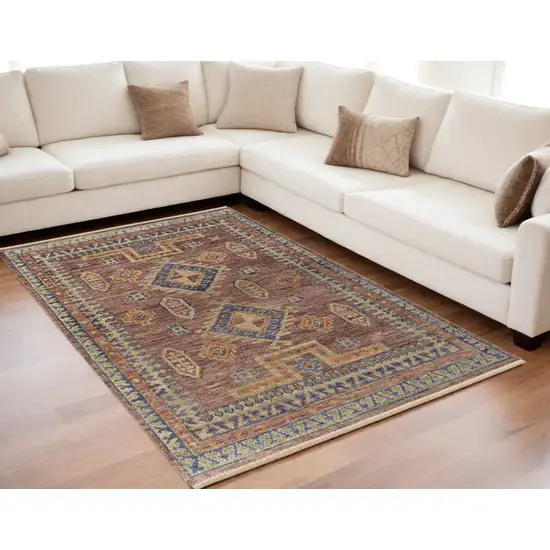 Blue Red and Tan Wool Geometric Hand Knotted Area Rug With Fringe Photo 1