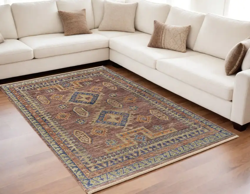 Blue Red and Tan Wool Geometric Hand Knotted Area Rug With Fringe Photo 1