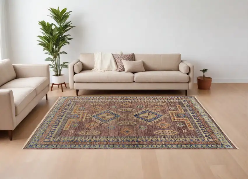 Blue Red and Tan Wool Geometric Hand Knotted Area Rug With Fringe Photo 1