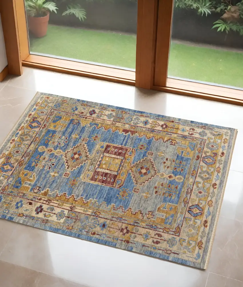 Blue Red and Yellow Wool Geometric Hand Knotted Area Rug With Fringe Photo 2
