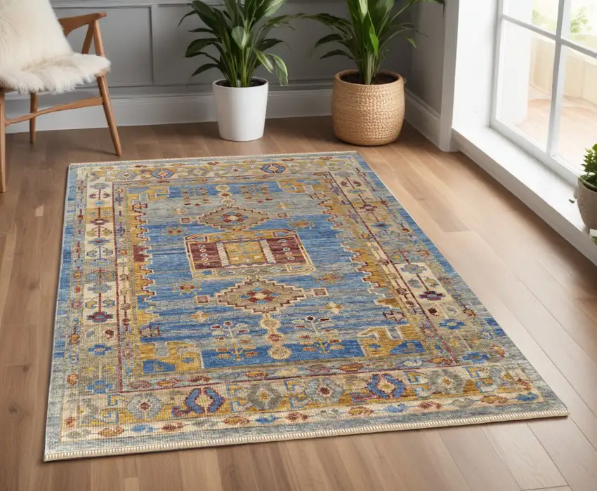 Blue Red and Yellow Wool Geometric Hand Knotted Area Rug With Fringe Photo 1