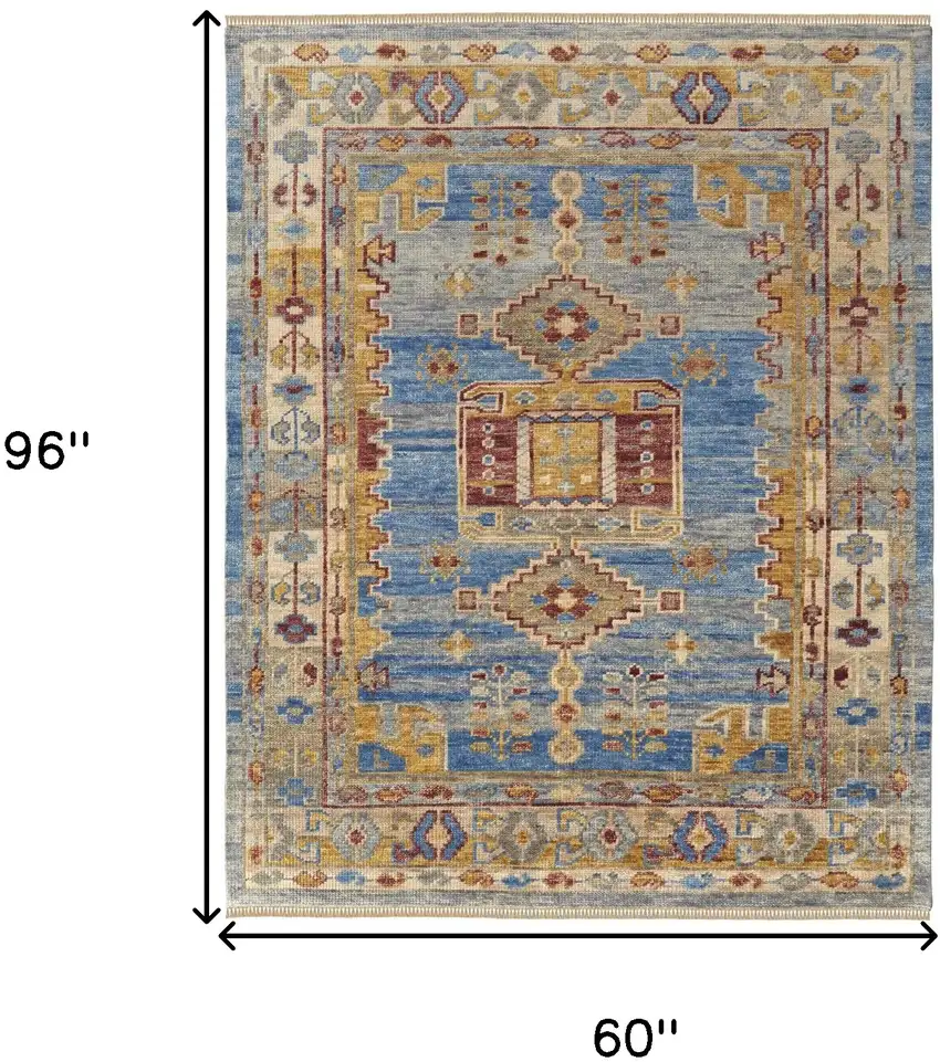 Blue Red and Yellow Wool Geometric Hand Knotted Area Rug With Fringe Photo 3