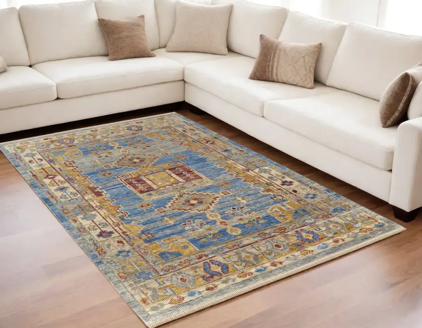 Blue Red and Yellow Wool Geometric Hand Knotted Area Rug With Fringe Photo 1