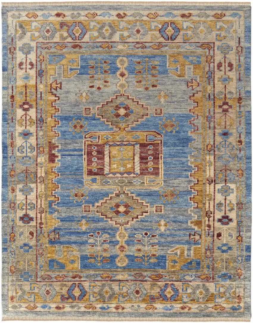 Blue Red and Yellow Wool Geometric Hand Knotted Area Rug With Fringe Photo 2