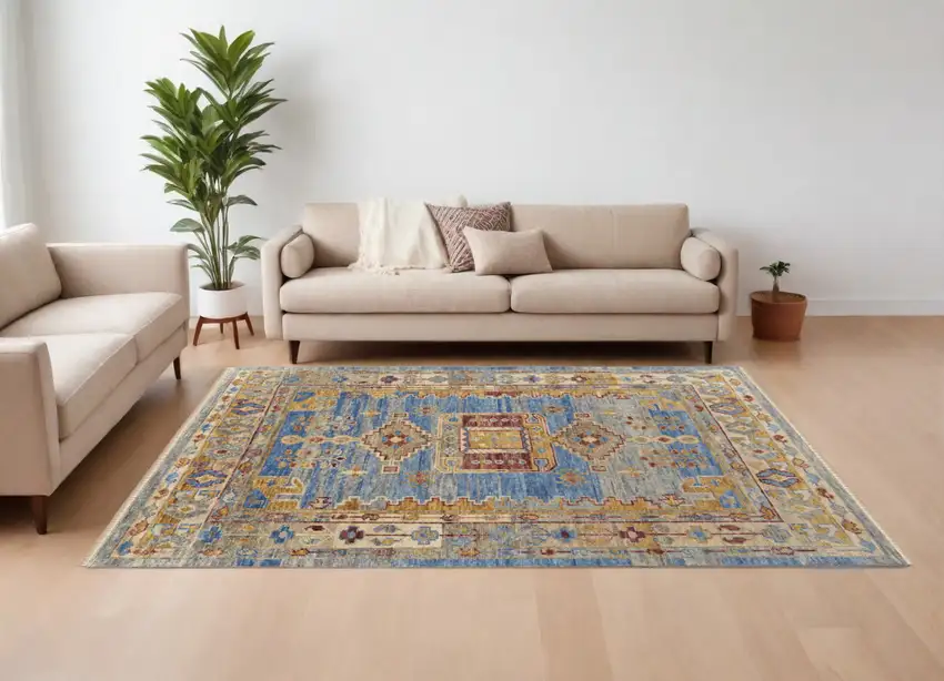 Blue Red and Yellow Wool Geometric Hand Knotted Area Rug With Fringe Photo 1