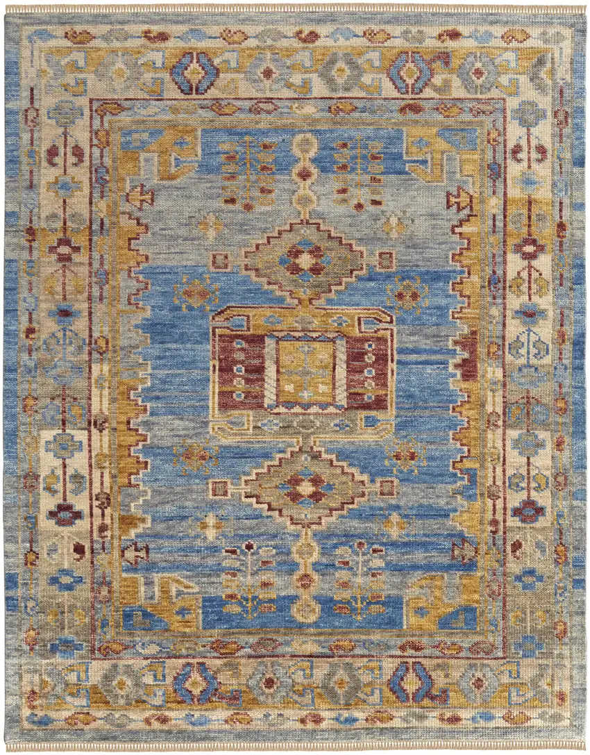 Blue Red and Yellow Wool Geometric Hand Knotted Area Rug With Fringe Photo 5