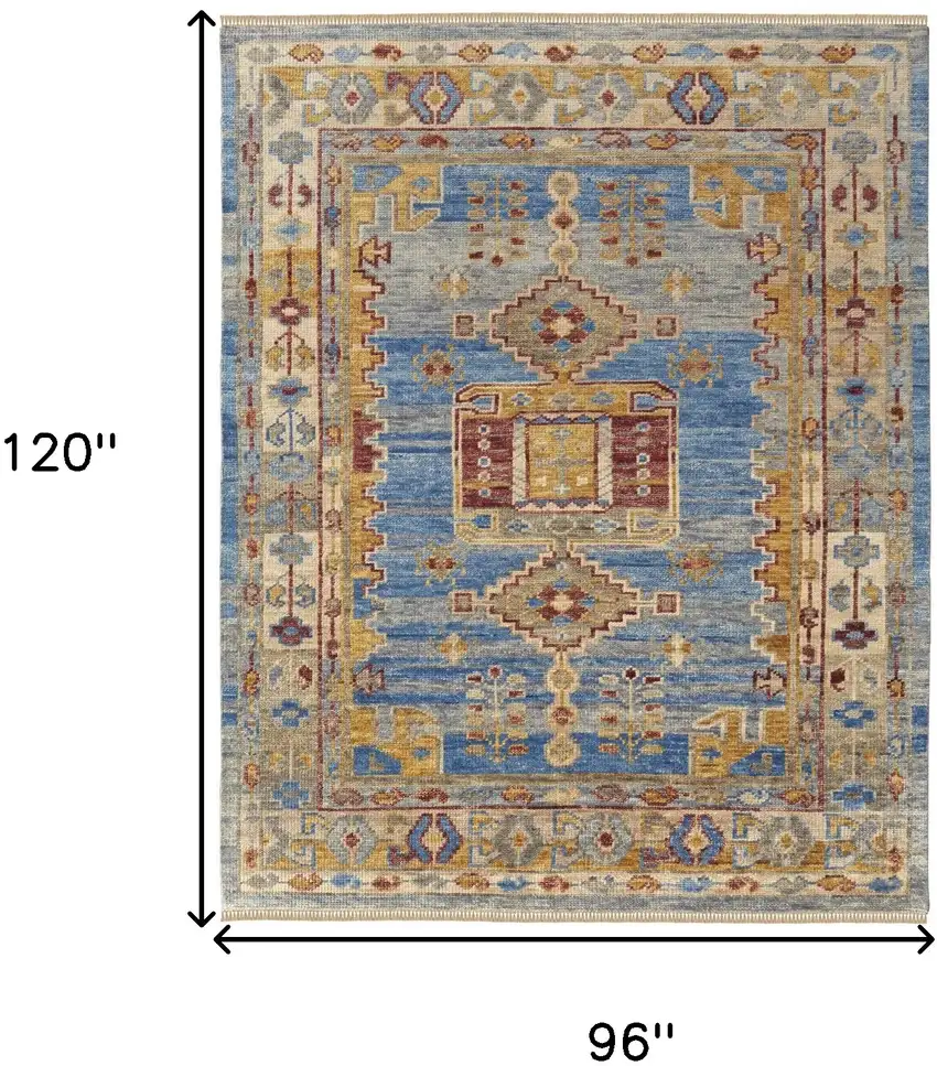 Blue Red and Yellow Wool Geometric Hand Knotted Area Rug With Fringe Photo 3