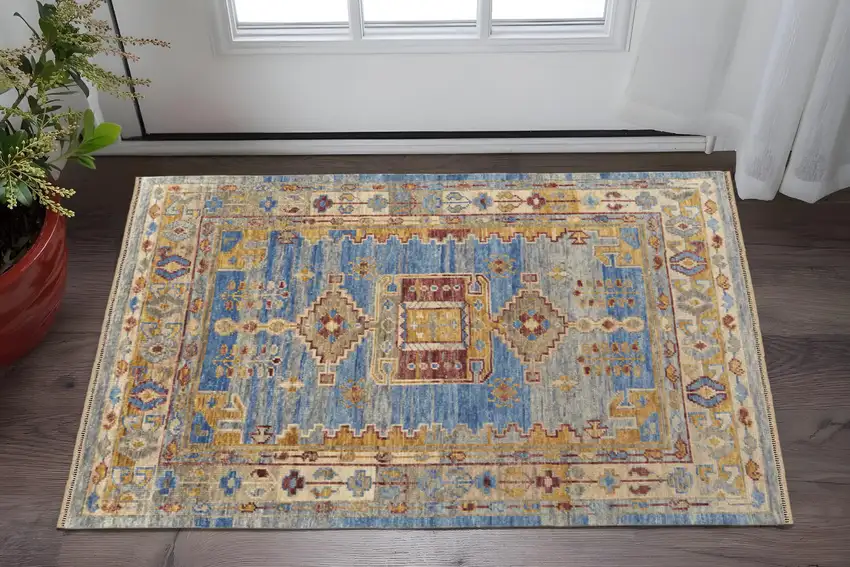 Blue Red and Yellow Wool Geometric Hand Knotted Area Rug With Fringe Photo 1