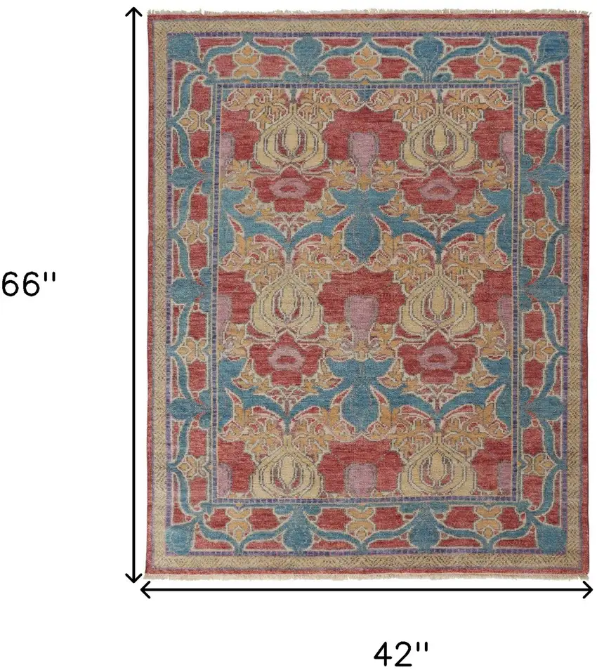 Blue Red and Yellow Wool Oriental Hand Knotted Area Rug Photo 3