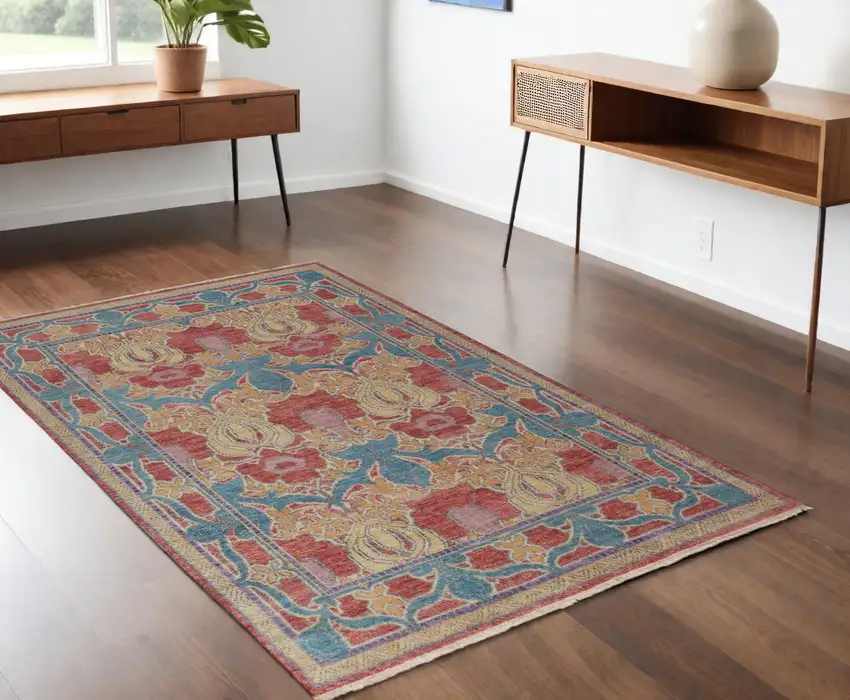 Blue Red and Yellow Wool Oriental Hand Knotted Area Rug Photo 1