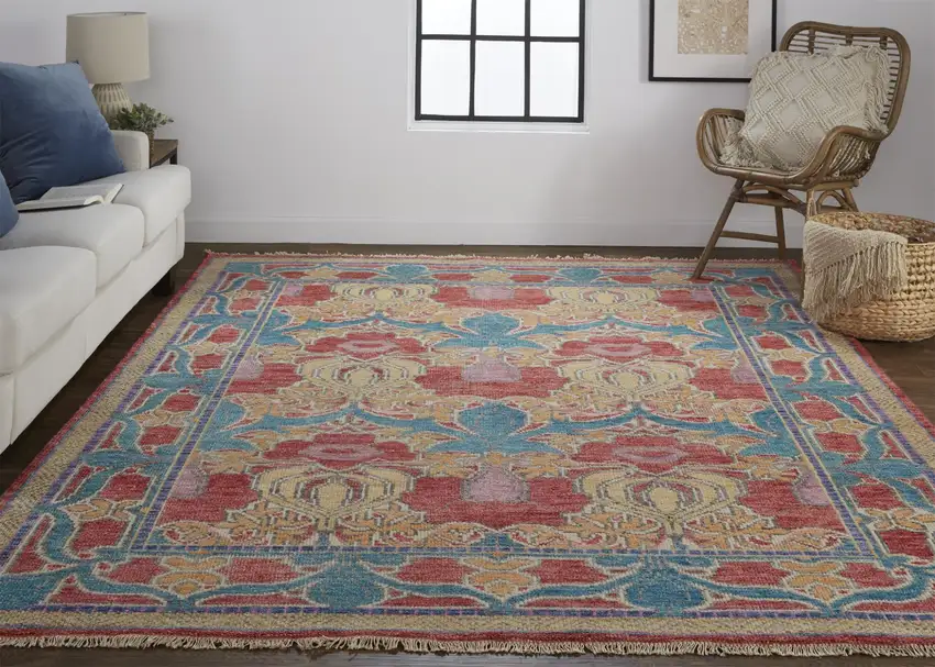 Blue Red and Yellow Wool Oriental Hand Knotted Area Rug Photo 9