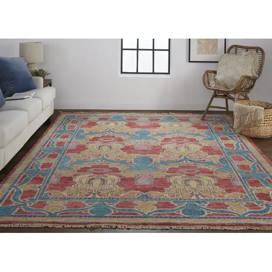 Blue Red and Yellow Wool Oriental Hand Knotted Area Rug Photo 9