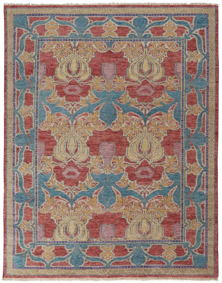 Blue Red and Yellow Wool Oriental Hand Knotted Area Rug Photo 2