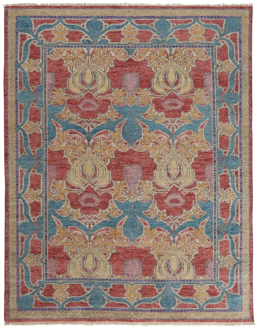 Blue Red and Yellow Wool Oriental Hand Knotted Area Rug Photo 5