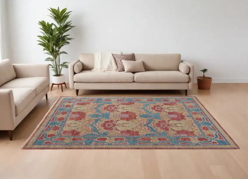 Blue Red and Yellow Wool Oriental Hand Knotted Area Rug Photo 1