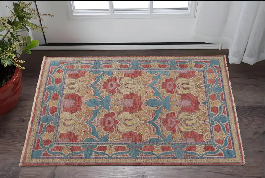 Blue Red and Yellow Wool Oriental Hand Knotted Area Rug Photo 1