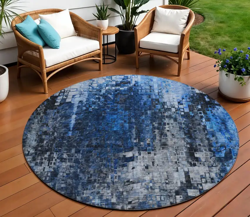 Blue Round Abstract Washable Non Skid Indoor Outdoor Area Rug Photo 1