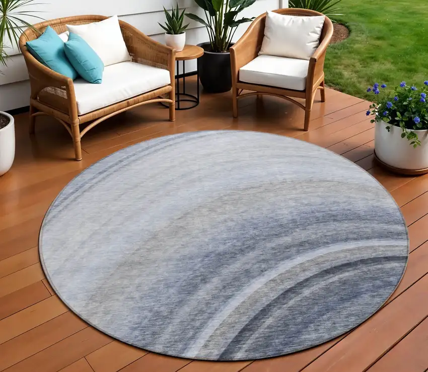 Blue Round Abstract Washable Non Skid Indoor Outdoor Area Rug Photo 1