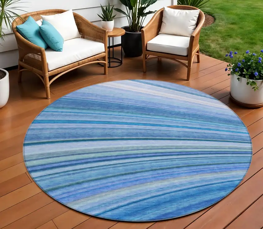 Blue Round Abstract Washable Non Skid Indoor Outdoor Area Rug Photo 1