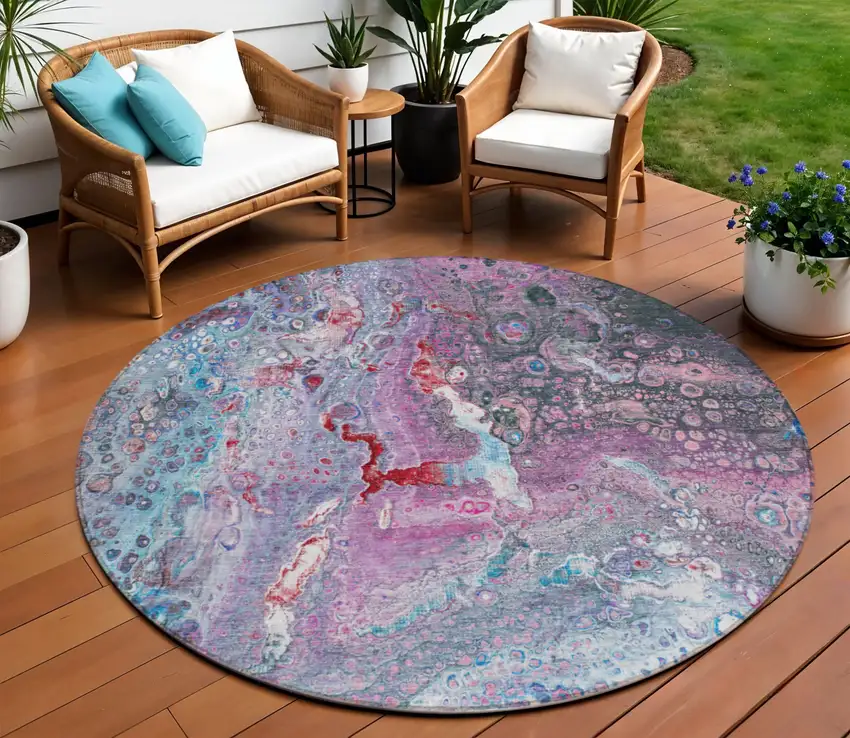 Blue Round Abstract Washable Non Skid Indoor Outdoor Area Rug Photo 1