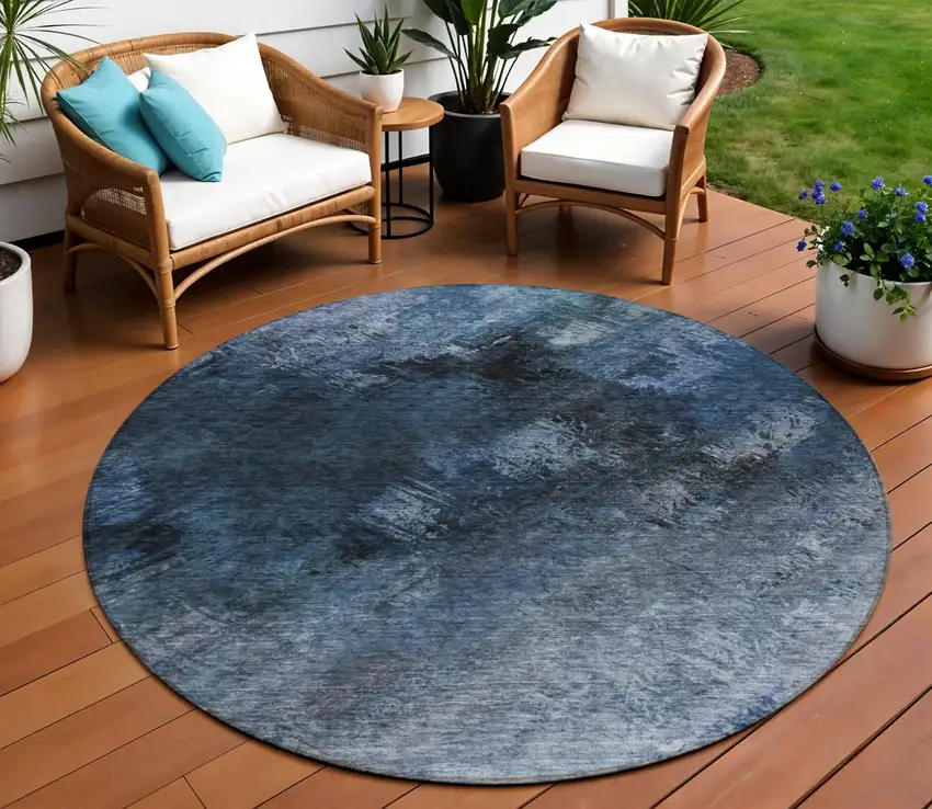 Blue Round Abstract Washable Non Skid Indoor Outdoor Area Rug Photo 1