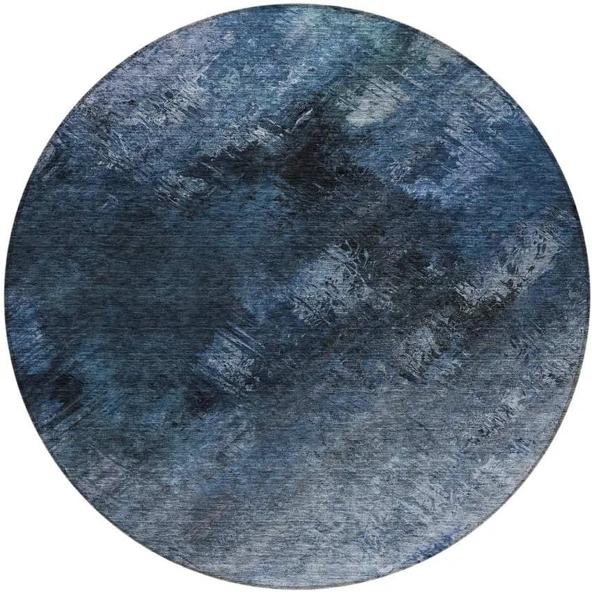 Blue Round Abstract Washable Non Skid Indoor Outdoor Area Rug Photo 2