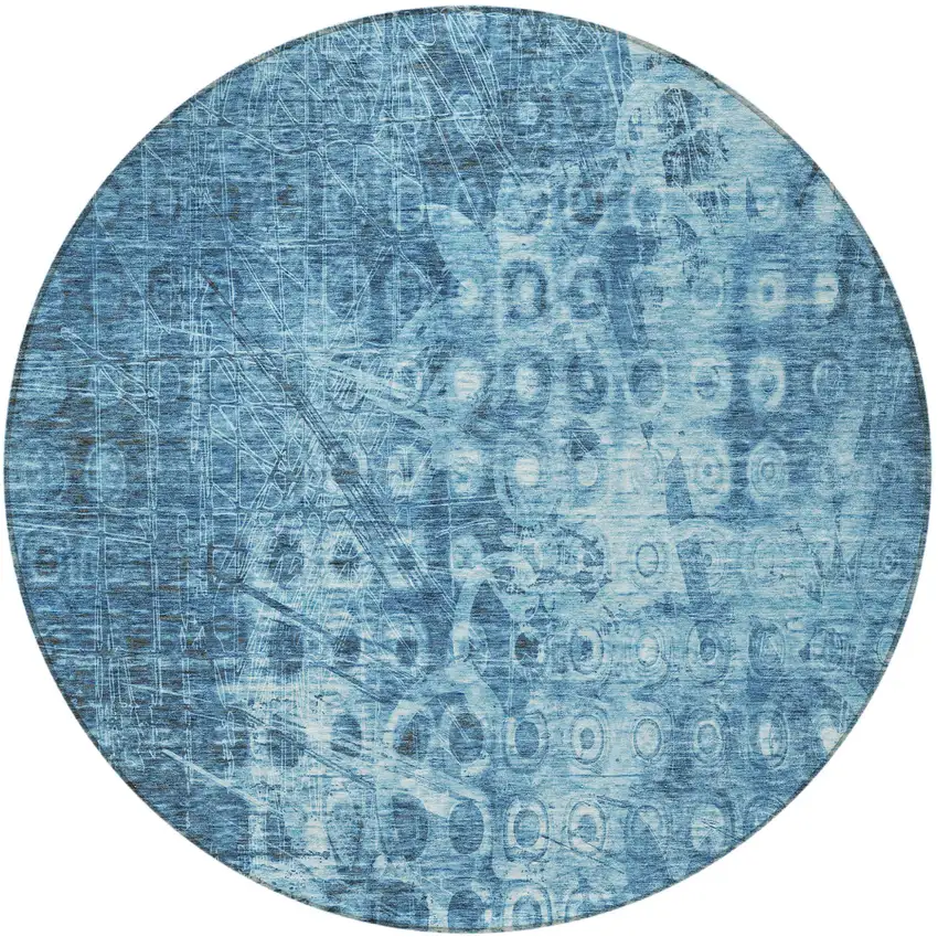 Blue Round Ikat Washable Non Skid Indoor Outdoor Area Rug Photo 5