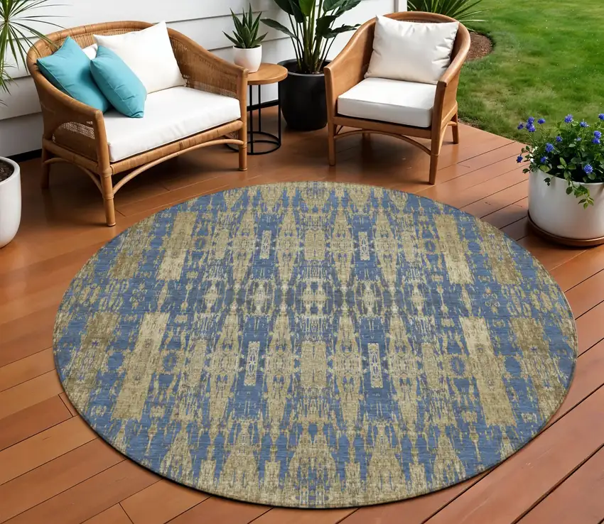 Blue Round Moroccan Washable Non Skid Indoor Outdoor Area Rug Photo 1