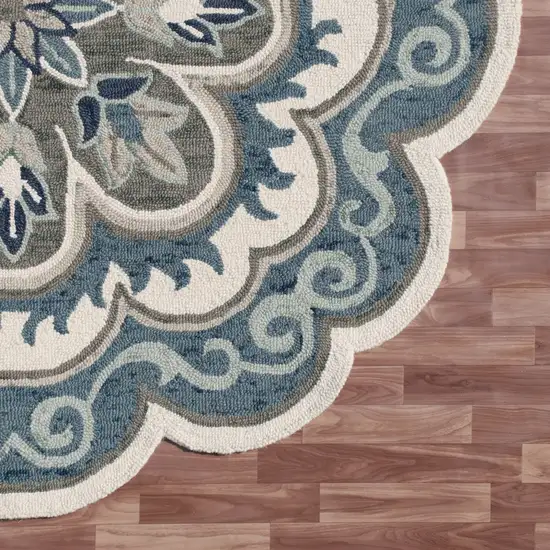 Blue Round Wool Floral Hand Tufted Area Rug Photo 8