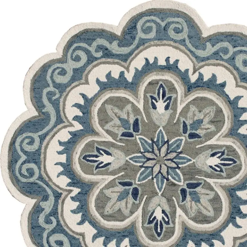 Blue Round Wool Floral Hand Tufted Area Rug Photo 2