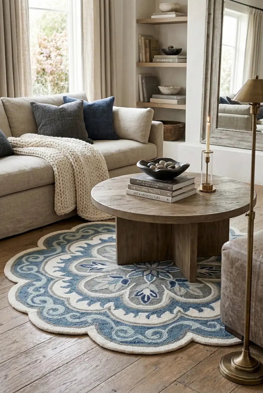Blue Round Wool Floral Hand Tufted Area Rug Photo 5